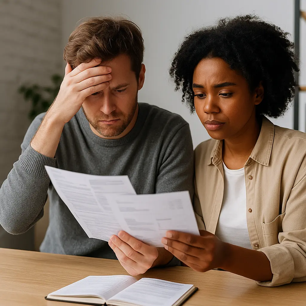 Empreendedor frustrado analisando taxas altas e condições desfavoráveis de maquininhas tradicionais
