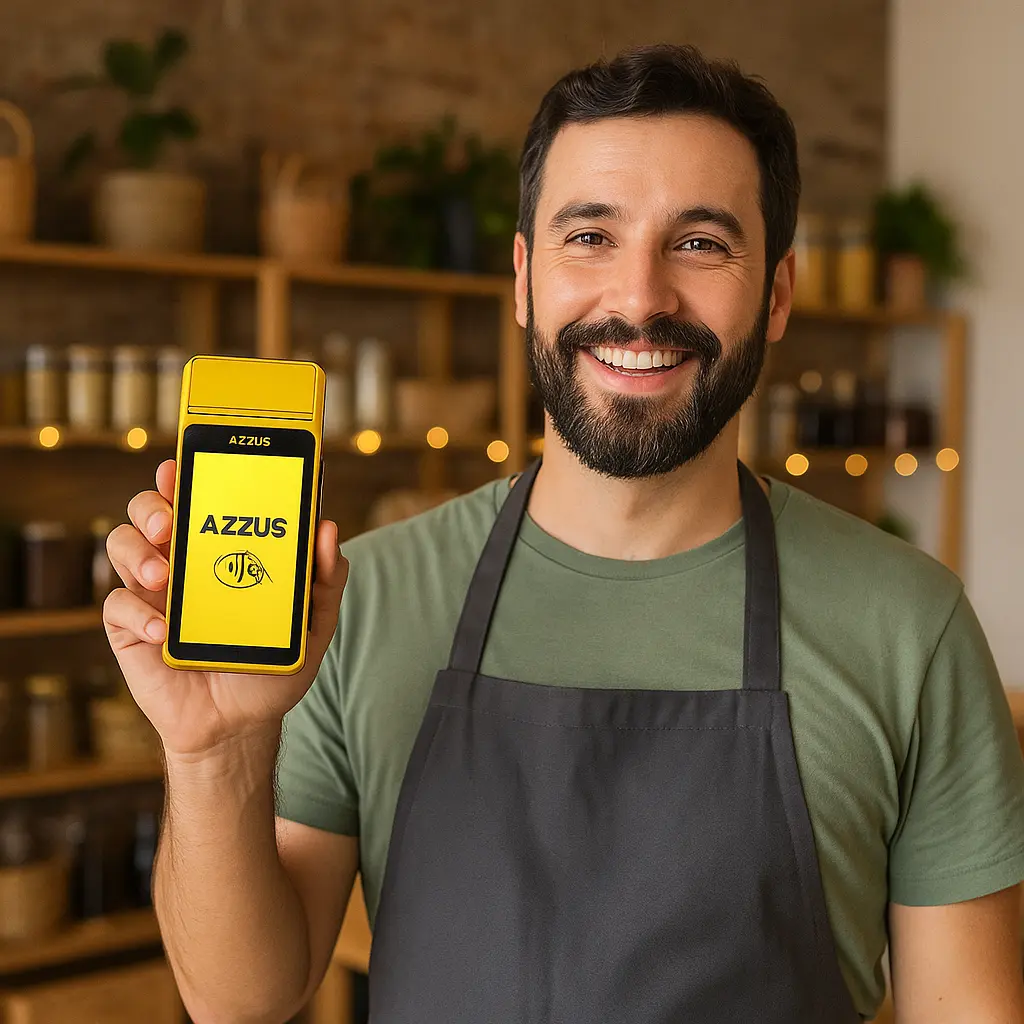 Empreendedor sorrindo com maquininha AZZUS mostrando como é fácil receber pagamentos