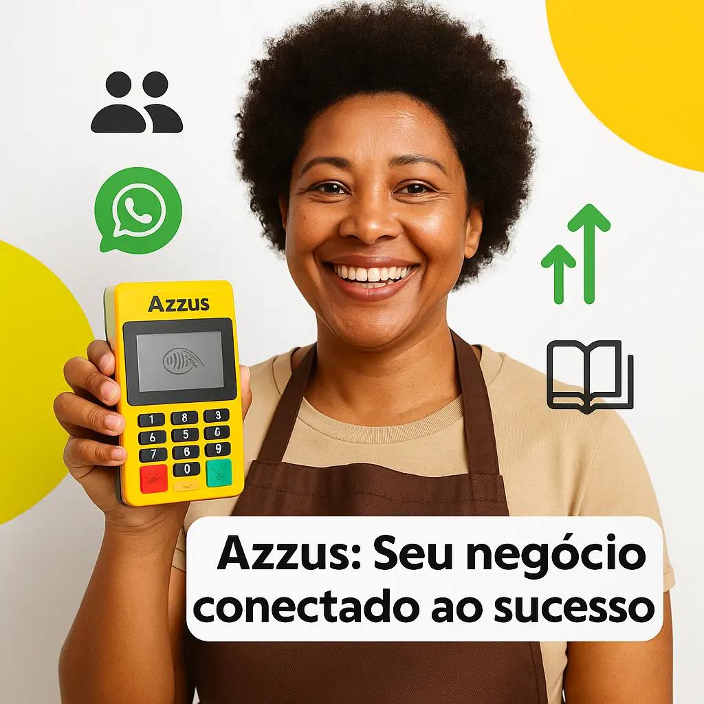 Empreendedor satisfeito utilizando a maquininha AZZUS para receber pagamentos com facilidade